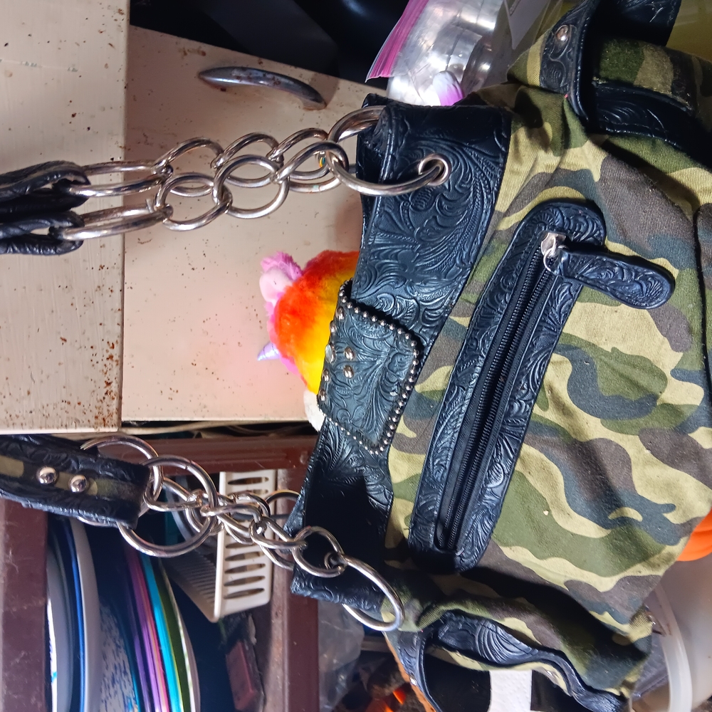 Camouflage and Black Chain Strap Handbag